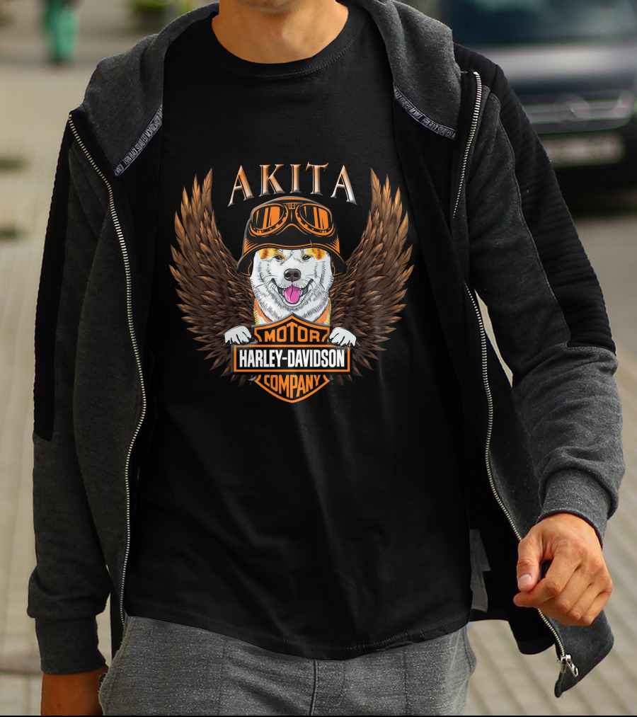 Akita Harley Davidson Motor Company Winged Dog Helmet T-Shirt