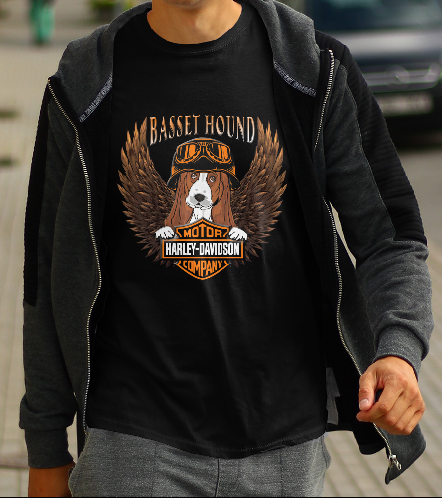 Basset Hound Harley Davidson Motor Company Winged Dog Helmet T-Shirt