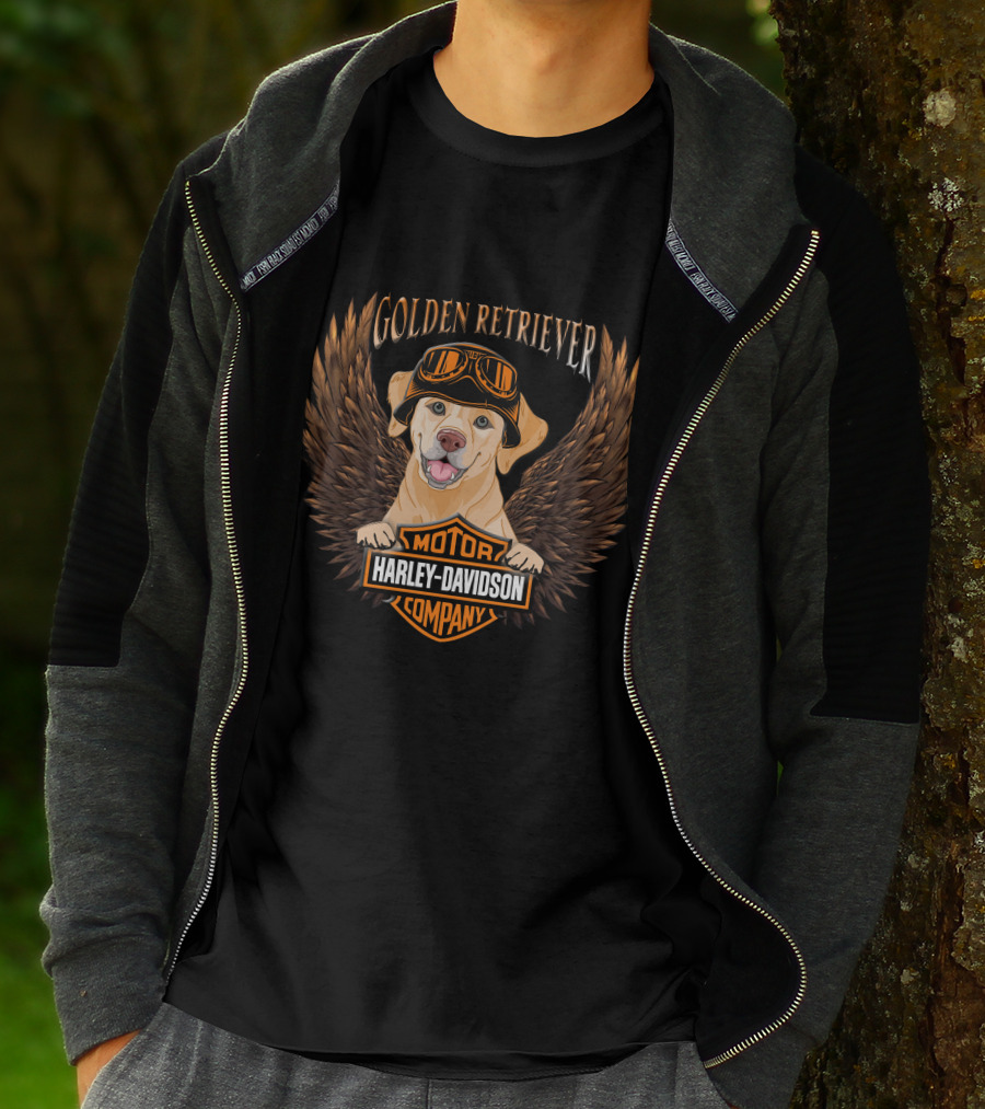 Harley Davidson Golden Retriever Motor Company Winged Logo T-Shirt