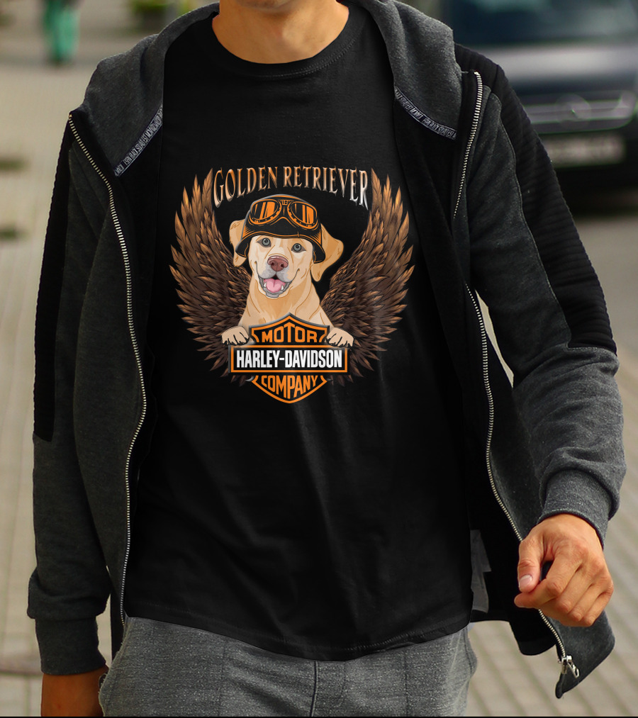 Harley Davidson Golden Retriever Motor Company Winged Logo T-Shirt