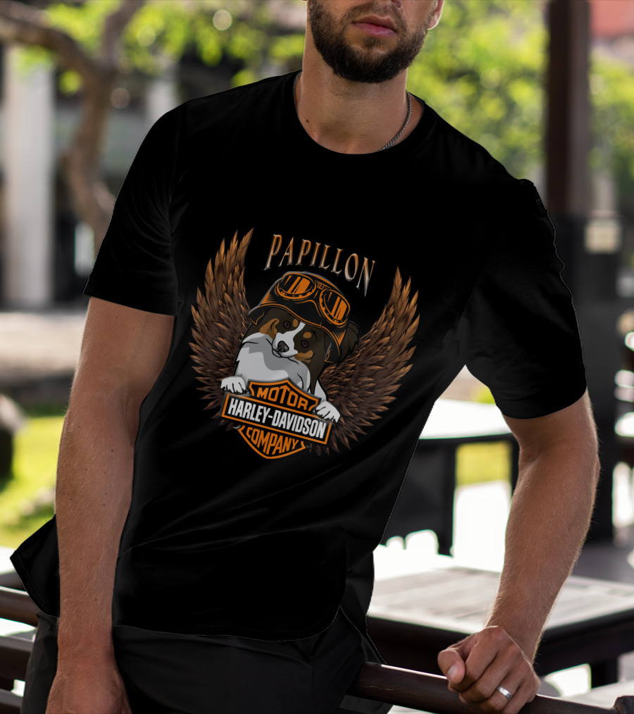 Papillon Harley Davidson Motor Company Wings Dog With Goggles T-Shirt