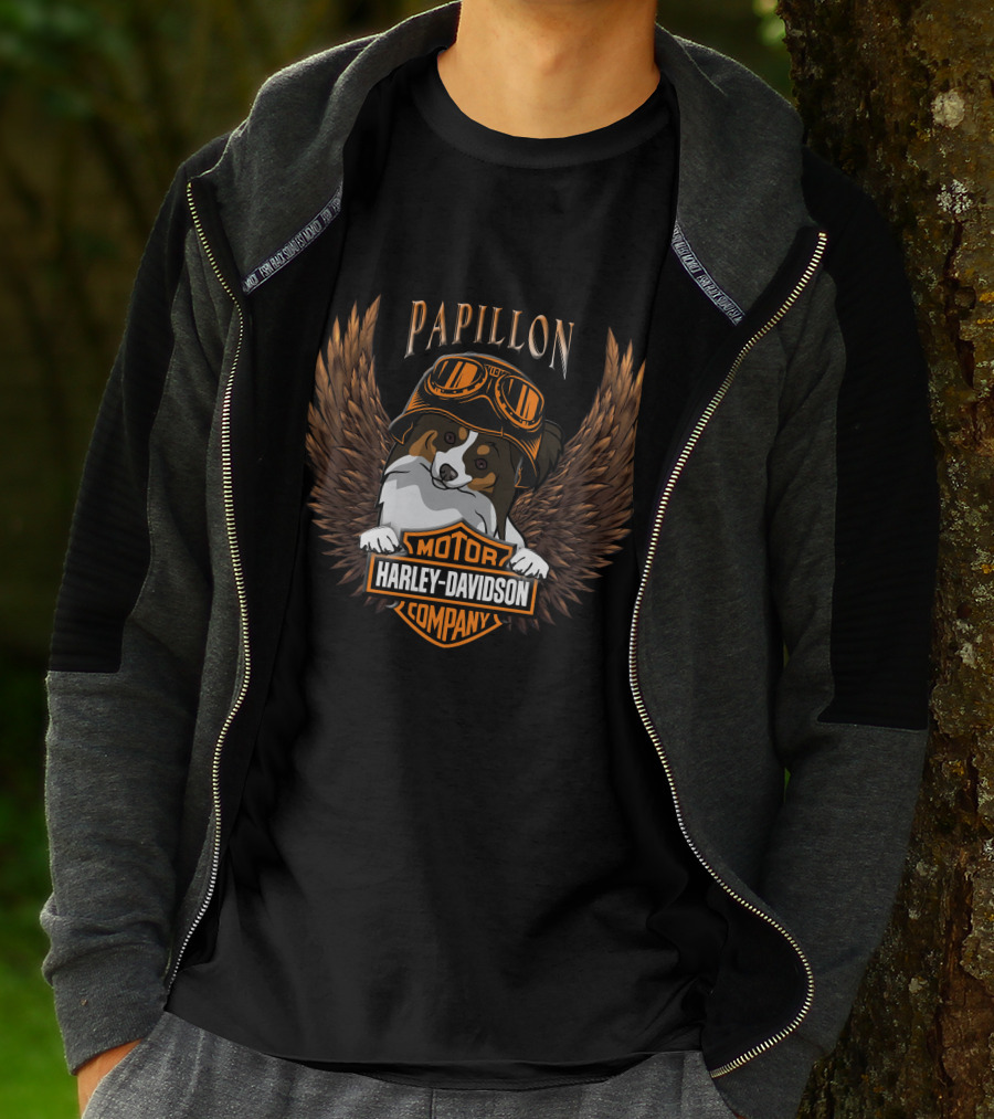 Papillon Harley Davidson Motor Company Wings Dog With Goggles T-Shirt
