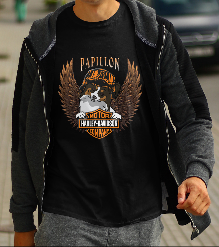 Papillon Harley Davidson Motor Company Wings Dog With Goggles T-Shirt