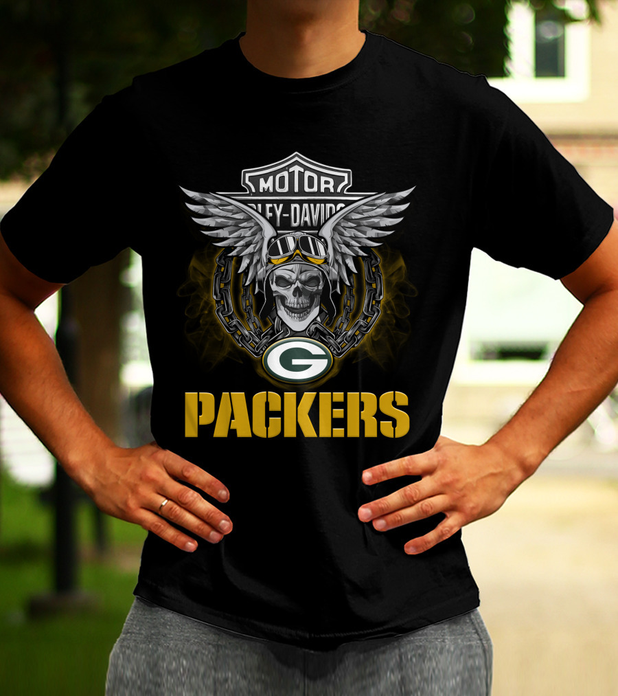 Motor Harley Davidson Green Bay Packers Wings Skull Nfl Football Fans T-Shirt