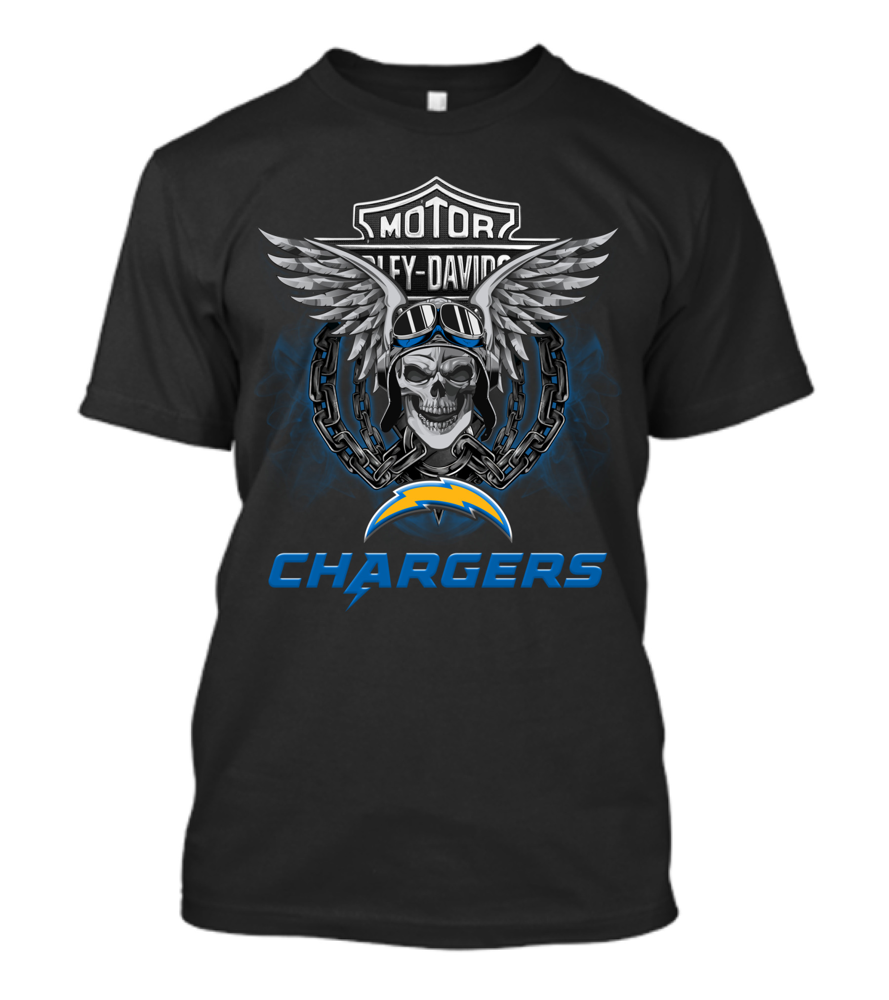 Hd Los Angeles Chargers Nfl Football Fans Harley Davidson Skull Wings T-Shirt