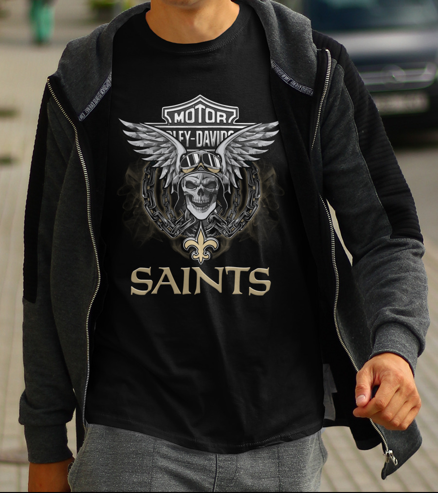 New Orleans Saints Harley Davidson Themed Skull With Wings And Goggles T-Shirt