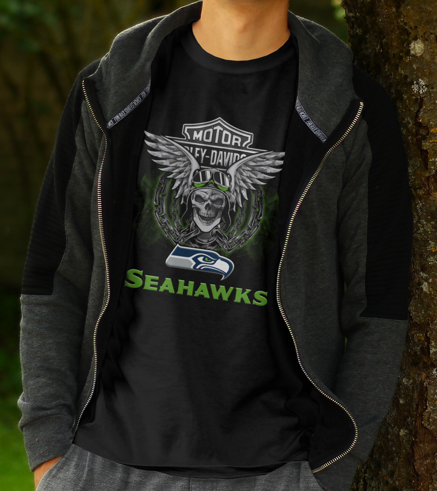 Seahawks Skull Wings Harley Davidson Nfl Football Fans T-Shirt