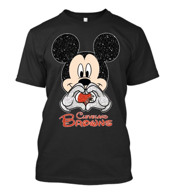 Mickey Mouse Heart Hands Cleveland Browns Football Sparkle T-Shirt