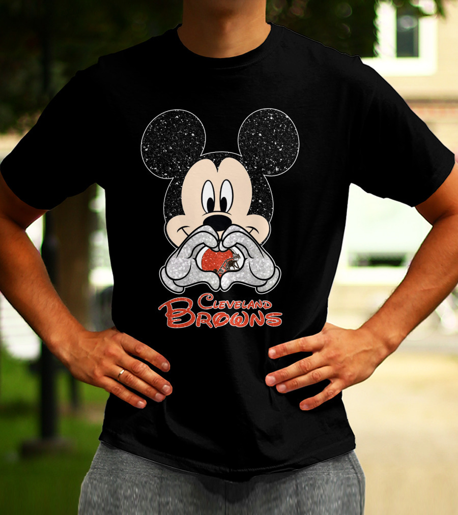 Mickey Mouse Heart Hands Cleveland Browns Football Sparkle T-Shirt