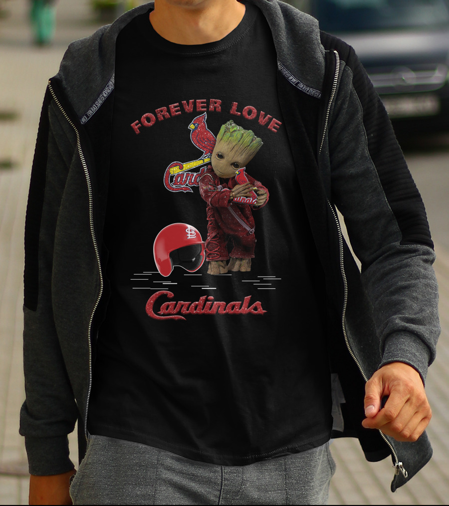 Forever Love St. Louis Cardinals With Groot Helmet Hug For MLB Fans T-Shirt