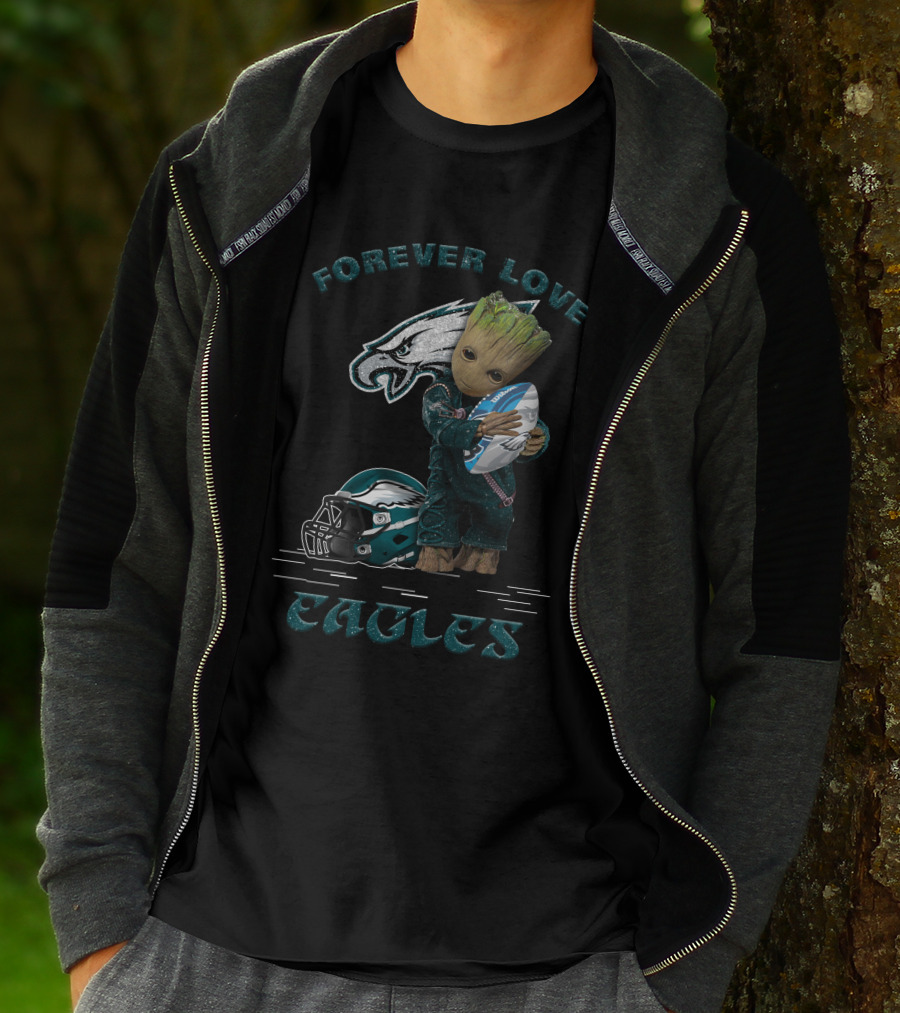 Forever Love Eagles Groot Hugging Football Philadelphia Helmet T-Shirt