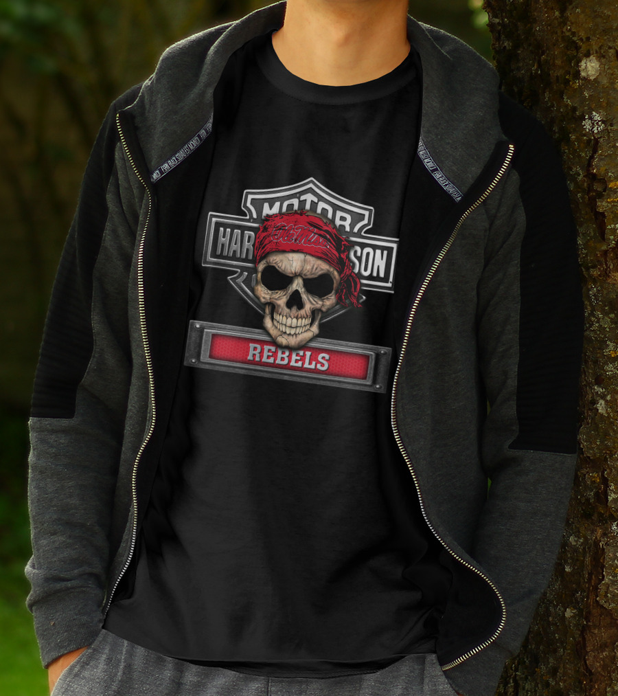 Motor Harley Ole Miss Rebels Skull Bandana T-Shirt