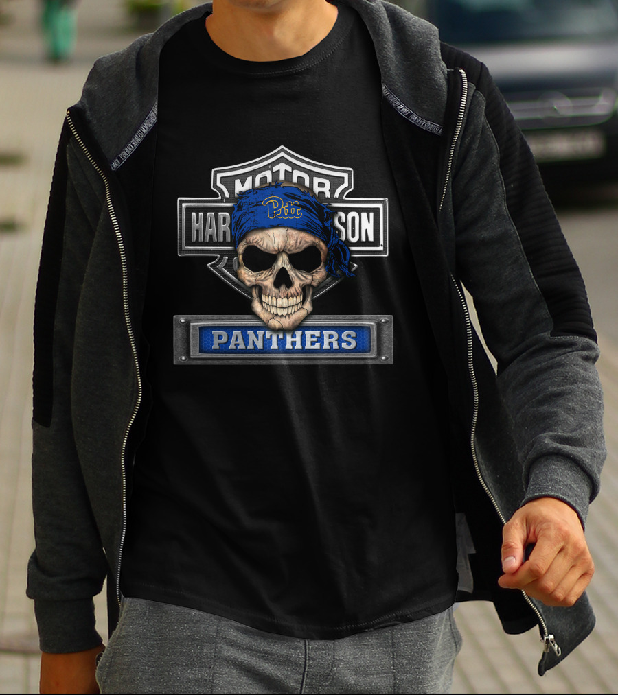 Pitt Panthers Skull Emblem On Harley Davidson Shield T-Shirt