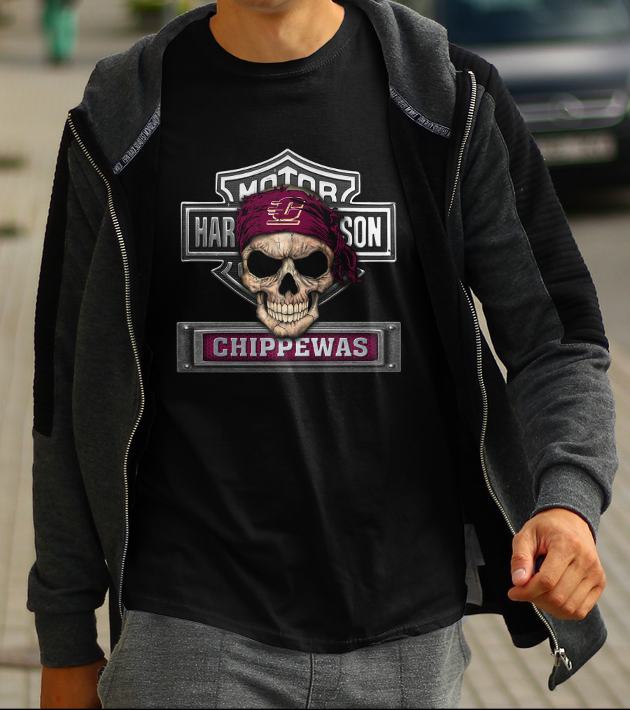 Hd Ncaa Central Michigan Chippewas Skull Bandana Harley Style T-Shirt