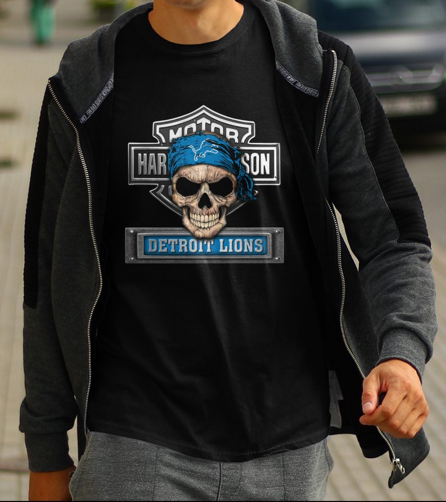 Motor Harley Davidson Skull Bandana Detroit Lions T-Shirt