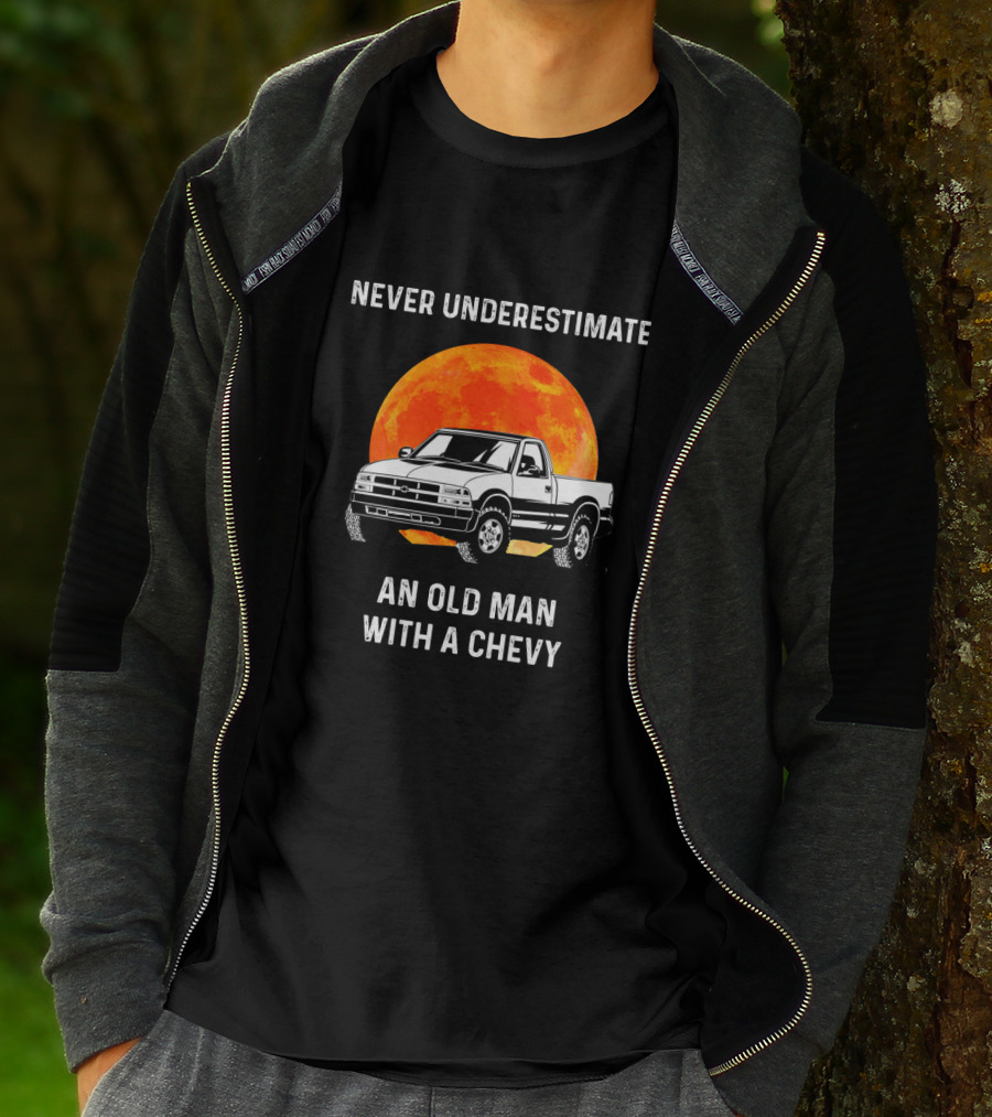 Never Underestimate An Old Man With A Chevy Truck And Fiery Moon Background T-Shirt