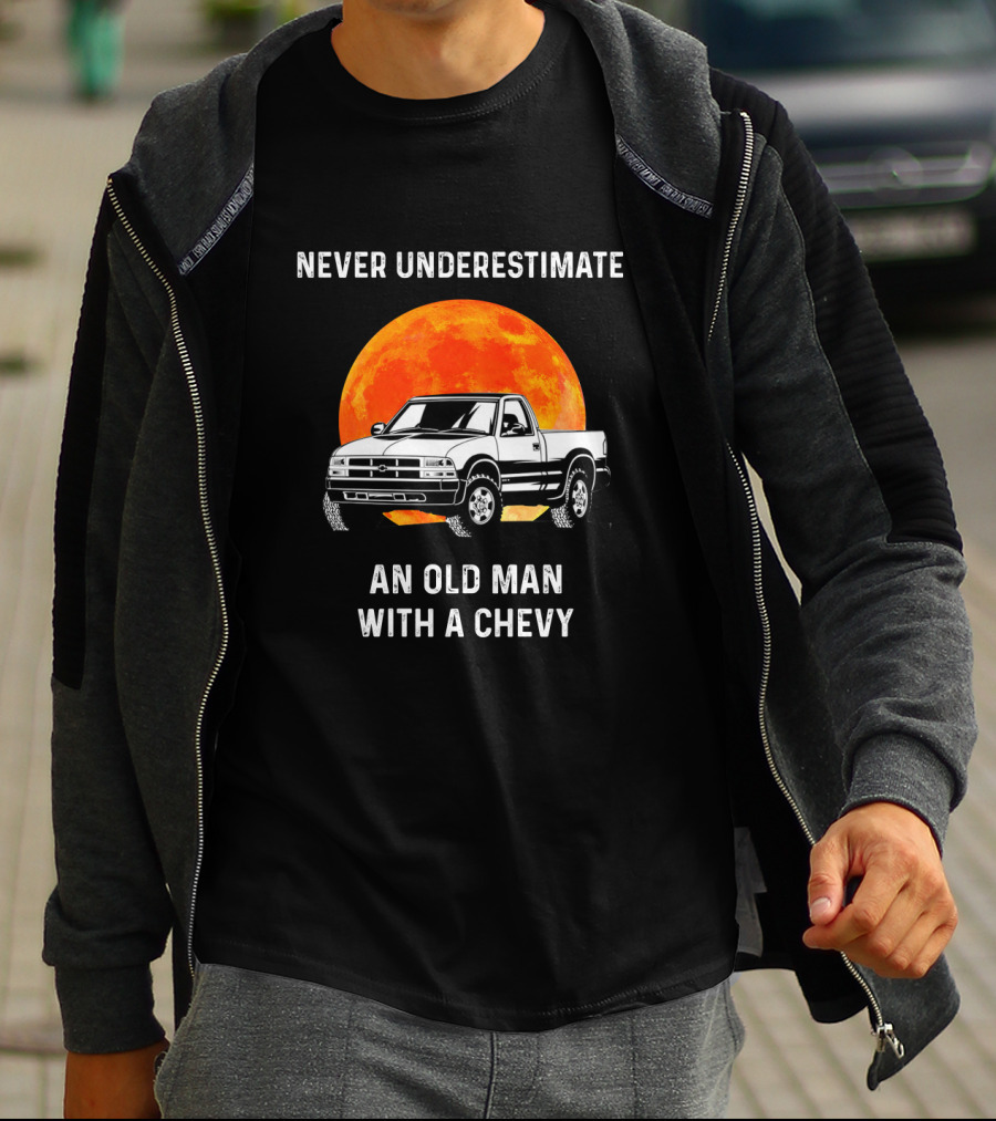 Never Underestimate An Old Man With A Chevy Truck And Fiery Moon Background T-Shirt