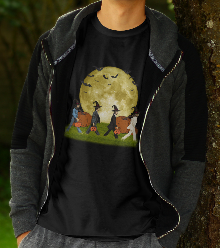 Abbey Road Halloween Crossing With Pumpkins And Witches Under Full Moon T-Shirt