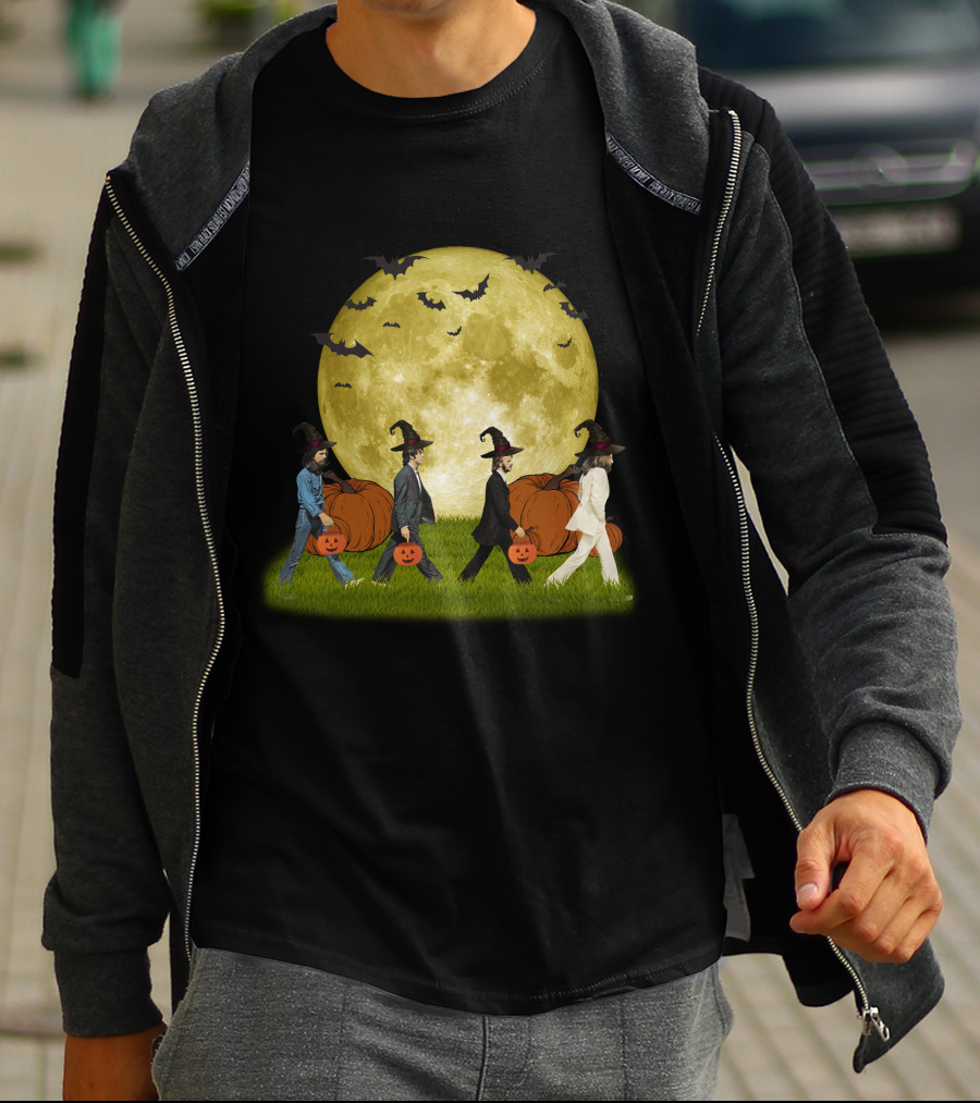 Abbey Road Halloween Crossing With Pumpkins And Witches Under Full Moon T-Shirt