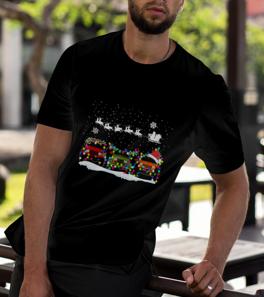 Christmas Jeep Lights With Santa Sleigh And Snowflakes T-Shirt