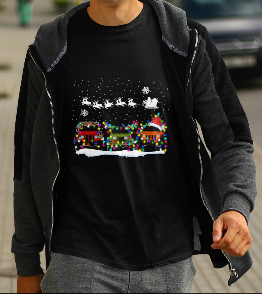 Christmas Jeep Lights With Santa Sleigh And Snowflakes T-Shirt