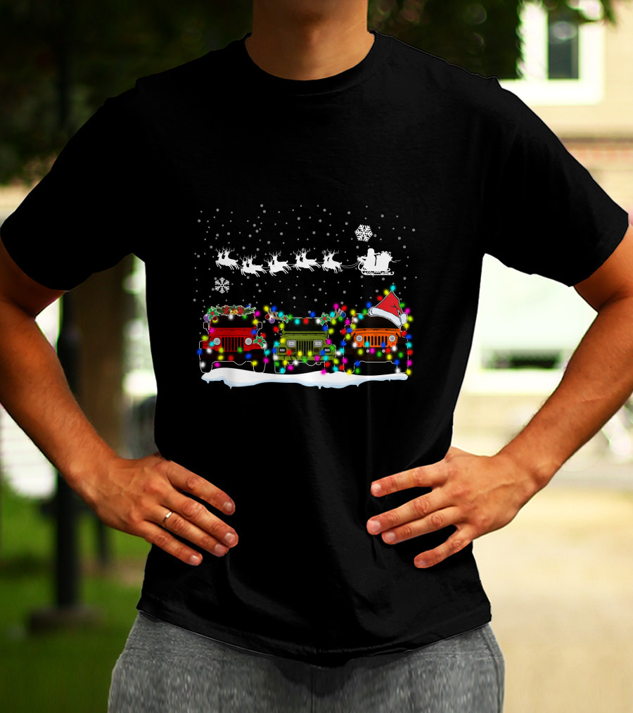 Christmas Jeep Lights With Santa Sleigh And Snowflakes T-Shirt