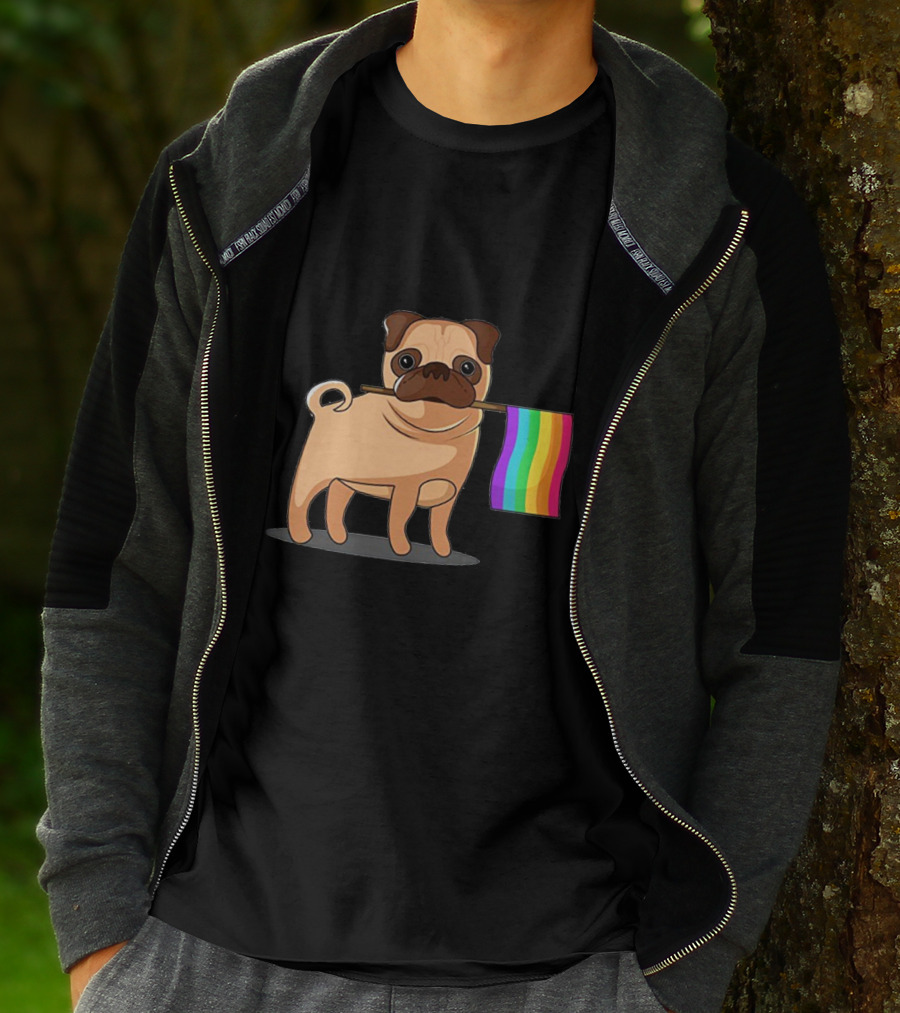 Pug Holding Rainbow Pride Flag T-Shirt