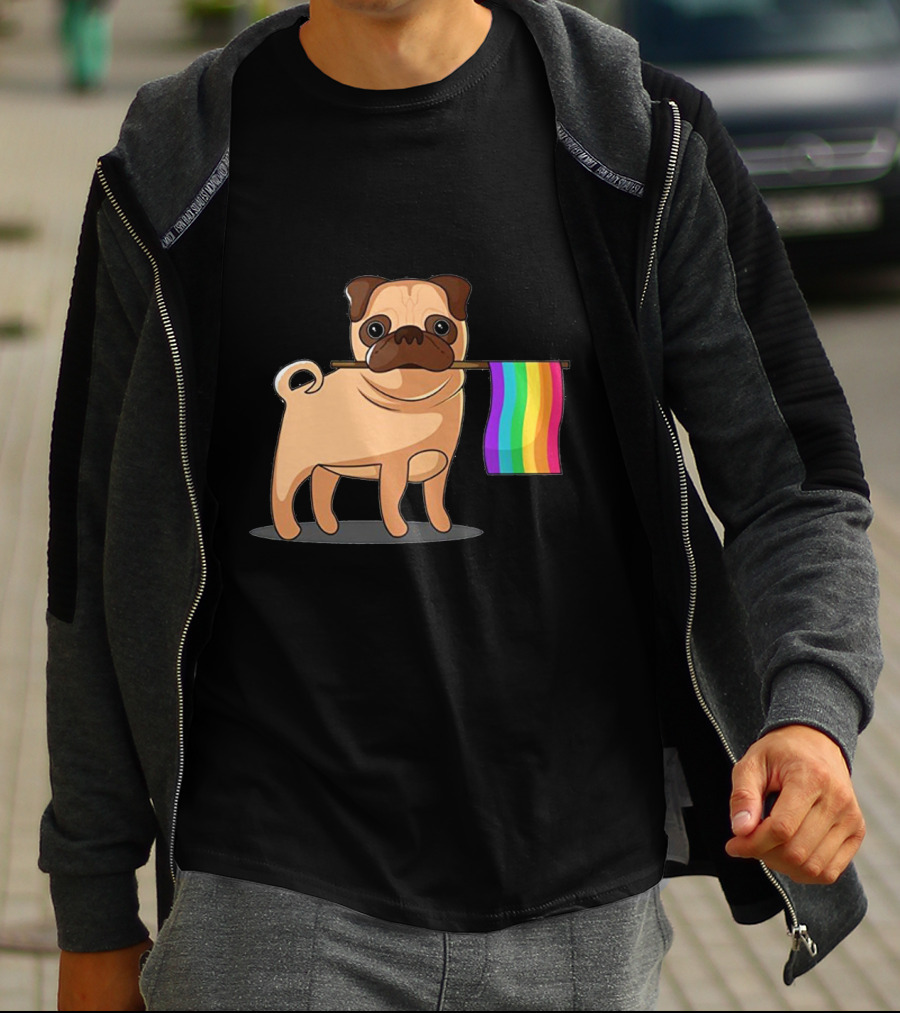 Pug Holding Rainbow Pride Flag T-Shirt