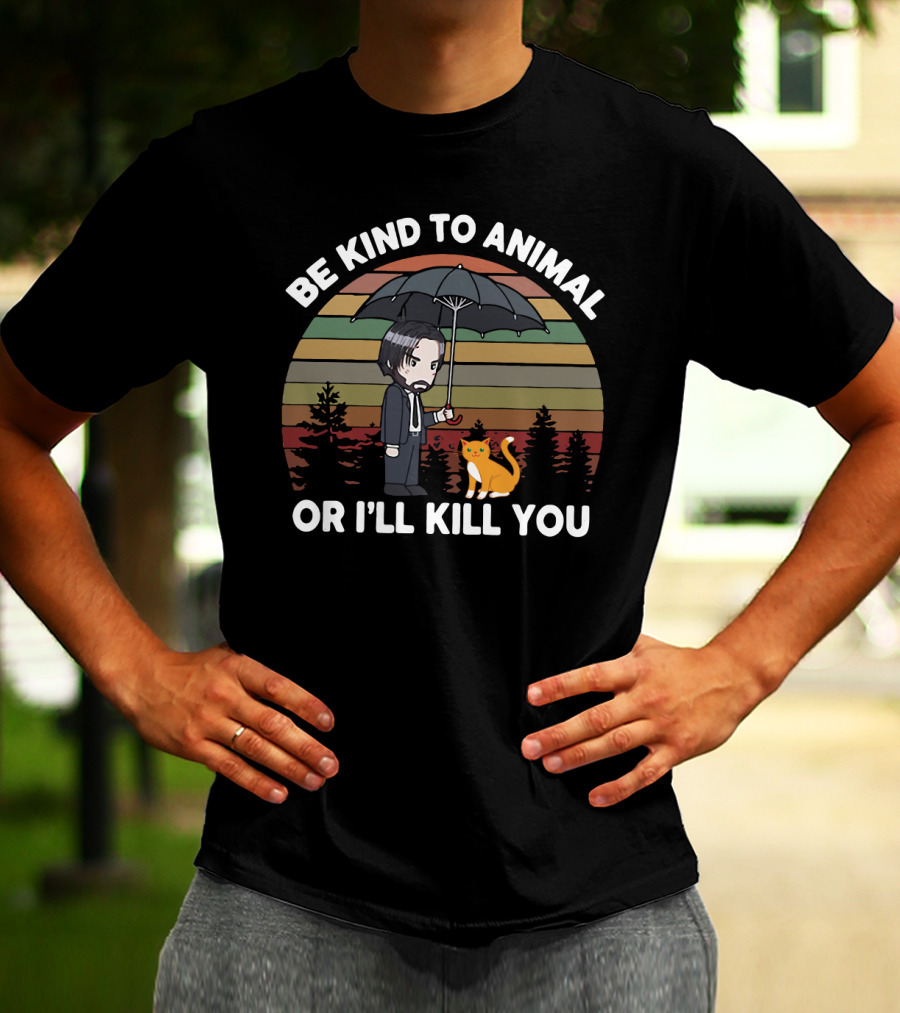 Be Kind To Animal Or I'll Kill You John Wick Parody Cat And Umbrella Chibi T-Shirt