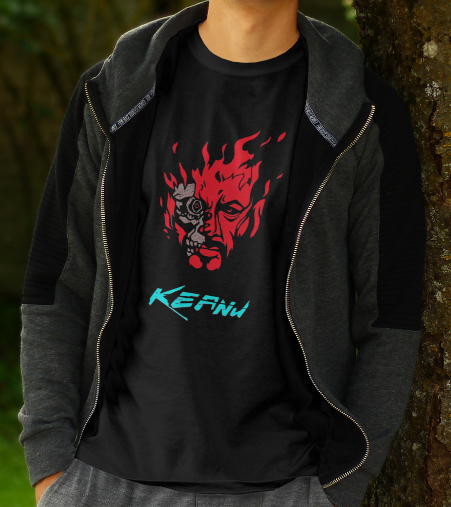 Keanu Cyberpunk Flame Skull Face T-Shirt
