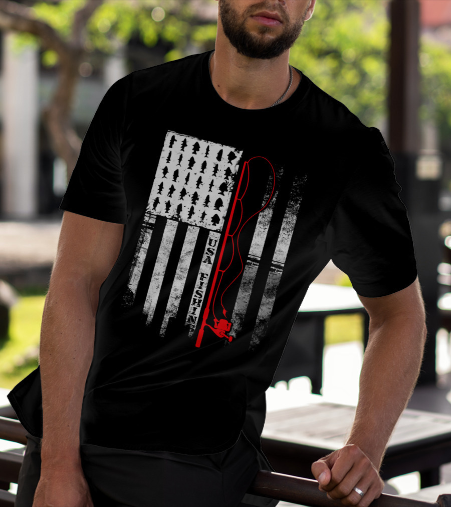 USA Fishing Flag Red Fishing Rod T-Shirt