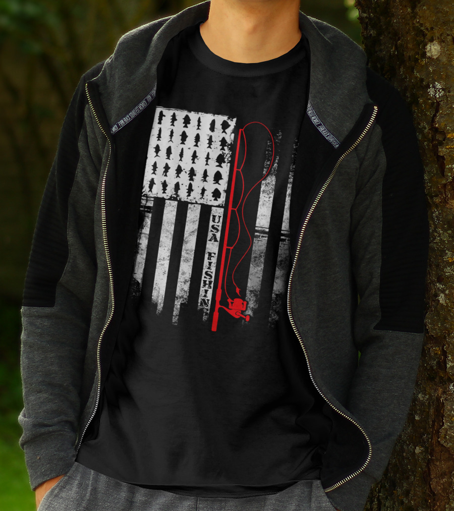 USA Fishing Flag Red Fishing Rod T-Shirt