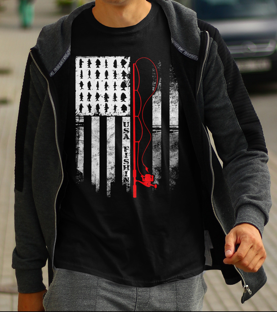 USA Fishing Flag Red Fishing Rod T-Shirt