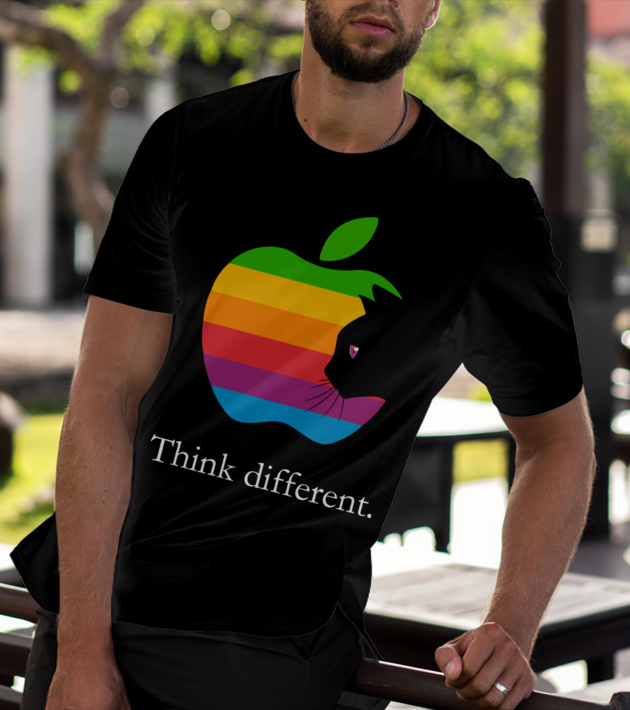 Think Different Apple Logo Rainbow Cat Face T-Shirt