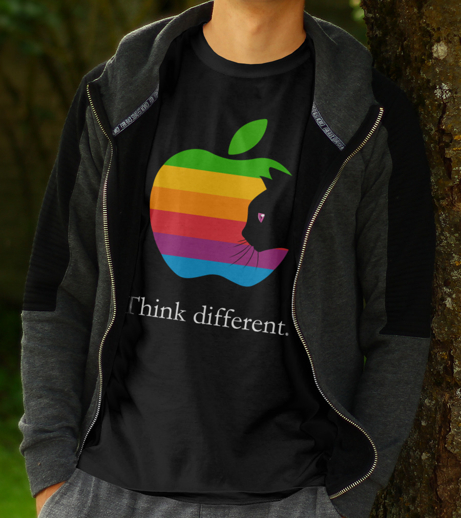 Think Different Apple Logo Rainbow Cat Face T-Shirt