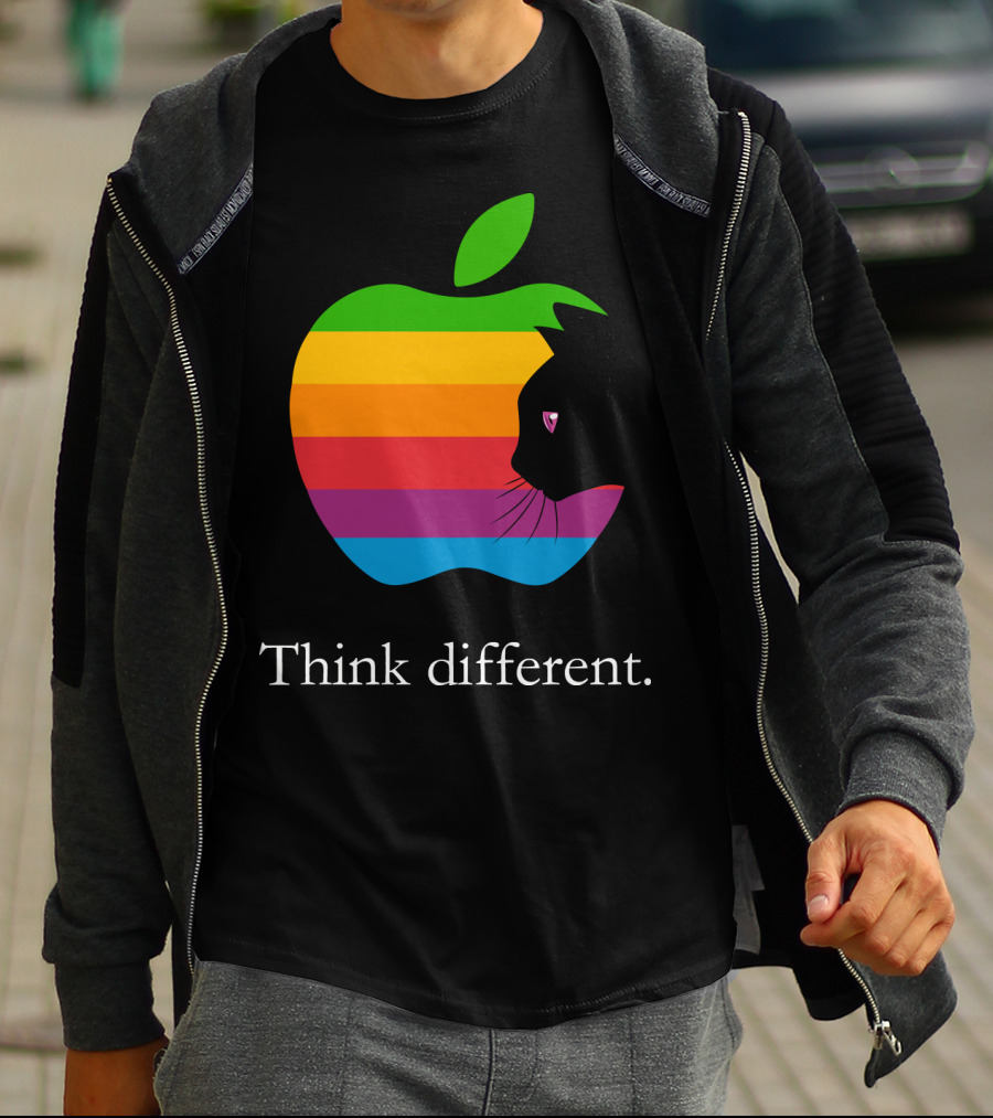 Think Different Apple Logo Rainbow Cat Face T-Shirt