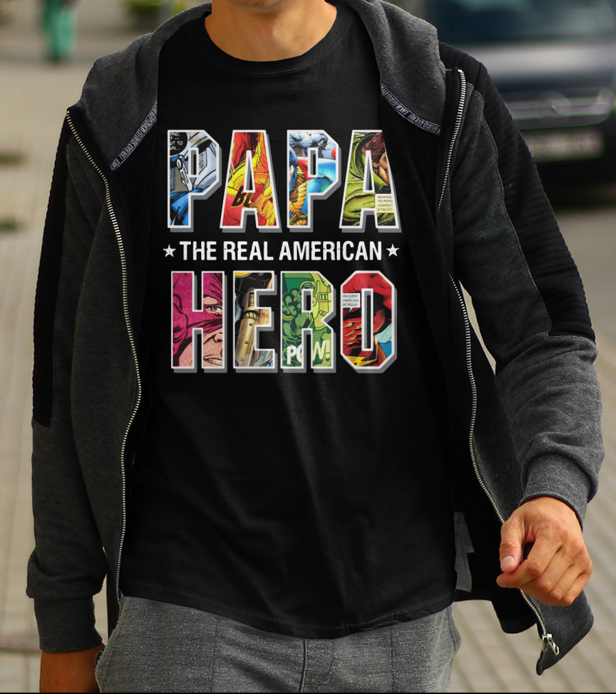 Papa The Real American Hero Comic-Style Letters T-Shirt