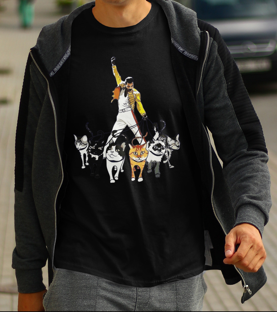 Freddie Cats Iconic Pose With Cats On Leashes T-Shirt