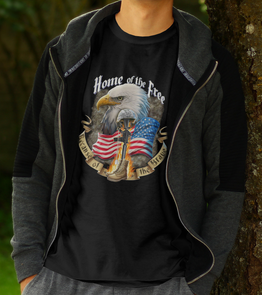 Home Of The Free Because Of The Brave American Eagle Soldier Helmet Flag T-Shirt