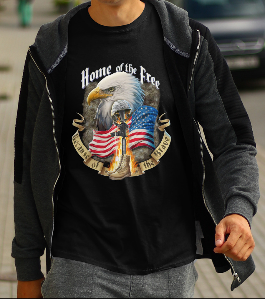 Home Of The Free Because Of The Brave American Eagle Soldier Helmet Flag T-Shirt