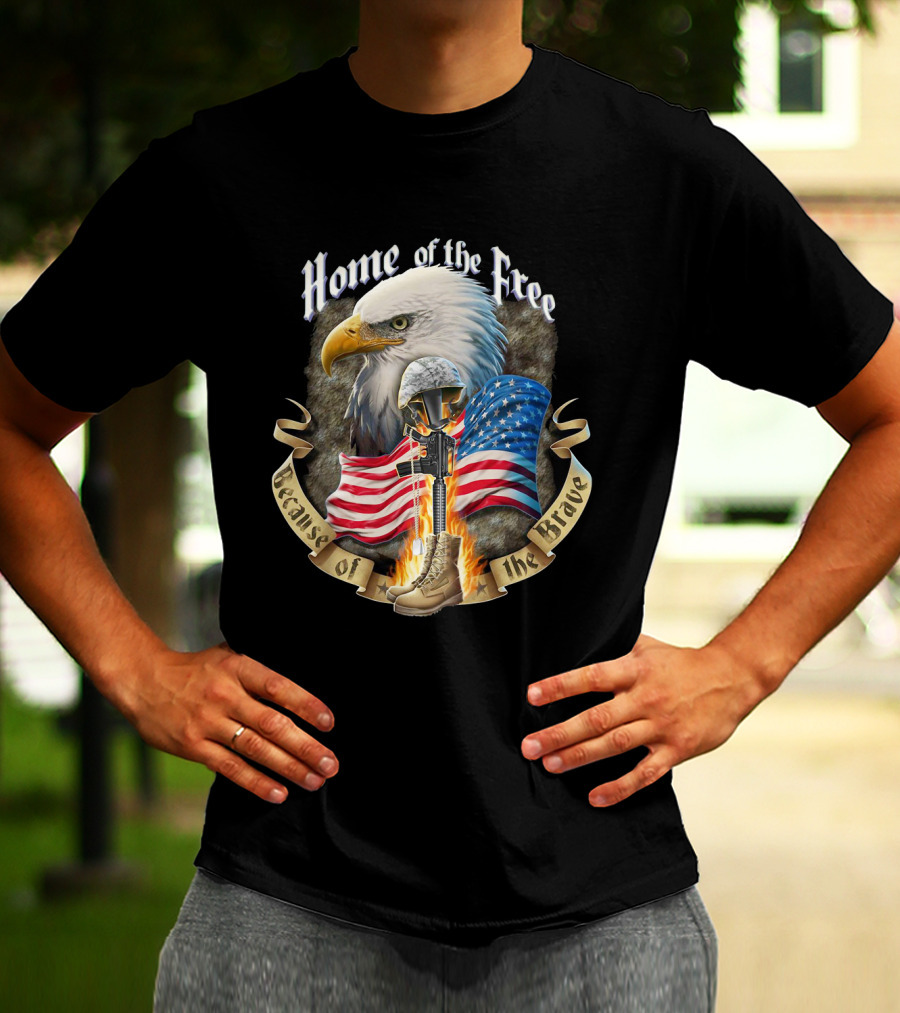 Home Of The Free Because Of The Brave American Eagle Soldier Helmet Flag T-Shirt