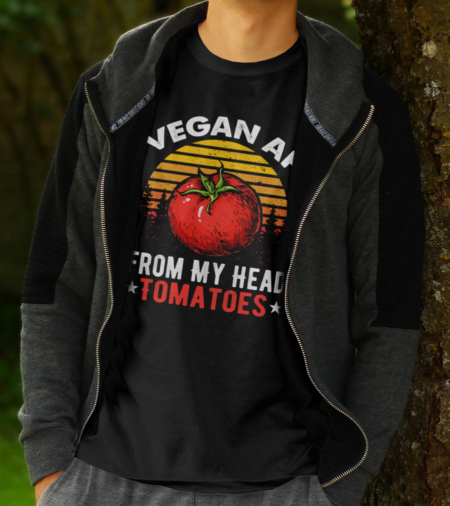 VEGAN AF FROM MY HEAD TOMATOES Retro Sunset Tomato Veggie Joke T-Shirt
