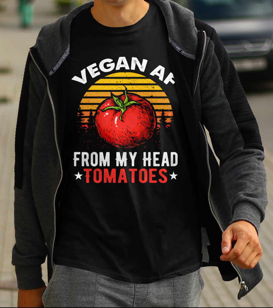 VEGAN AF FROM MY HEAD TOMATOES Retro Sunset Tomato Veggie Joke T-Shirt