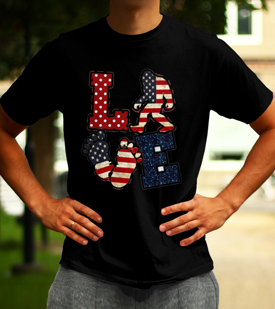 Patriotic Bigfoot Love American Flag T-Shirt