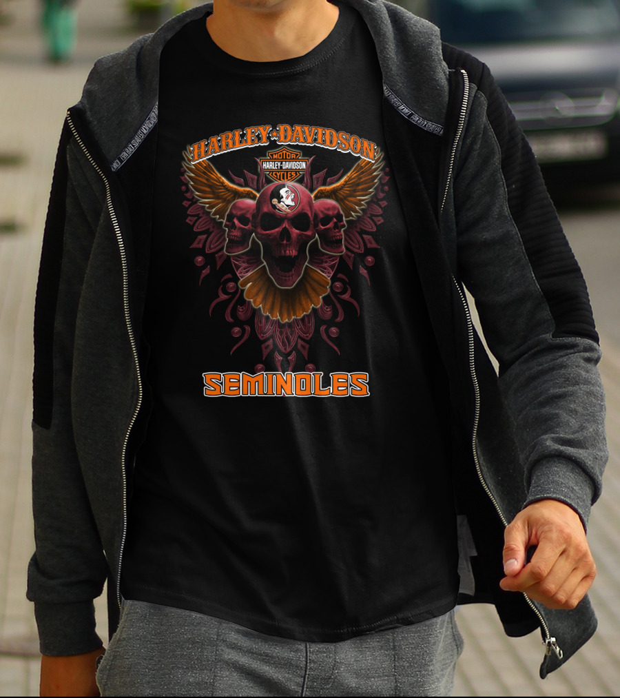 Harley Davidson Motorcycles Florida State Seminoles Skulls Wings T-Shirt