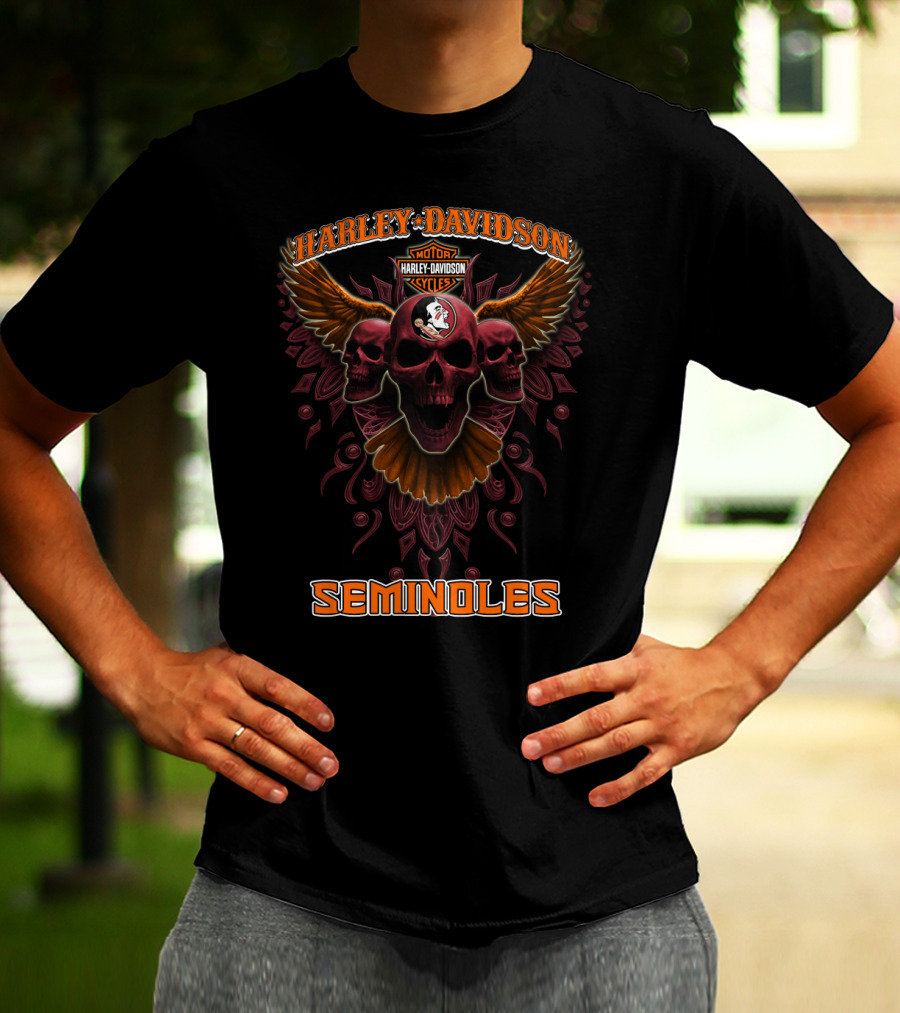 Harley Davidson Motorcycles Florida State Seminoles Skulls Wings T-Shirt