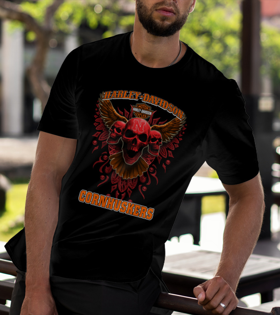 Harley Davidson Motor Cornhuskers Nebraska Skulls Ncaa T-Shirt