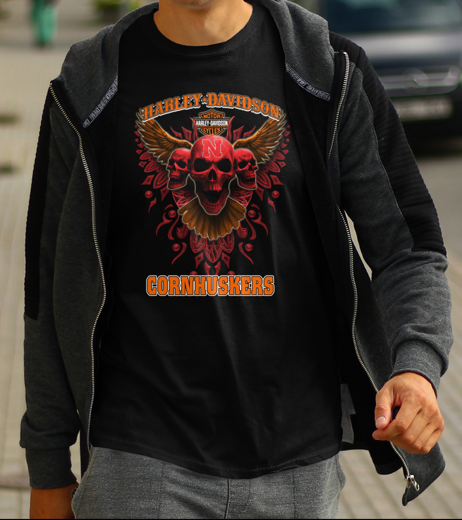 Harley Davidson Motor Cornhuskers Nebraska Skulls Ncaa T-Shirt