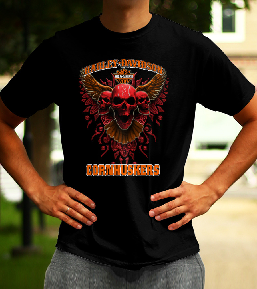 Harley Davidson Motor Cornhuskers Nebraska Skulls Ncaa T-Shirt