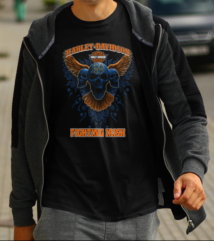 Harley Davidson Motorcycles Notre Dame Fighting Irish Skulls Wings T-Shirt
